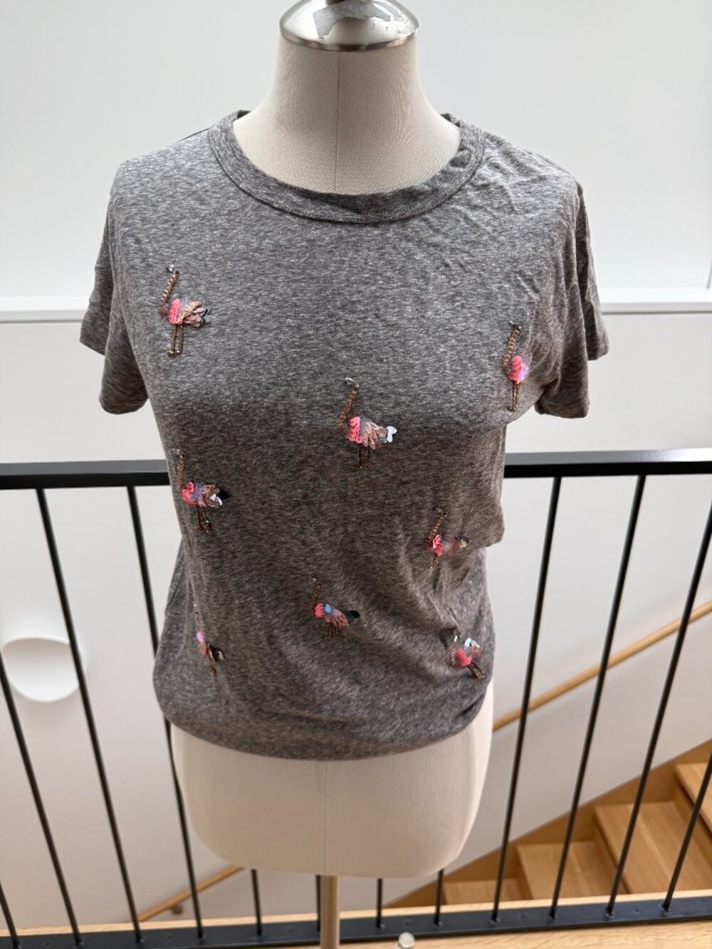 J Crew Beaded Flamingo‎ Gray T-Shirt